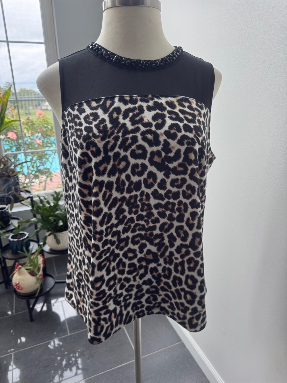 Worthington Leopard Print Beaded Neck Sleeveless Top - Black and Brown